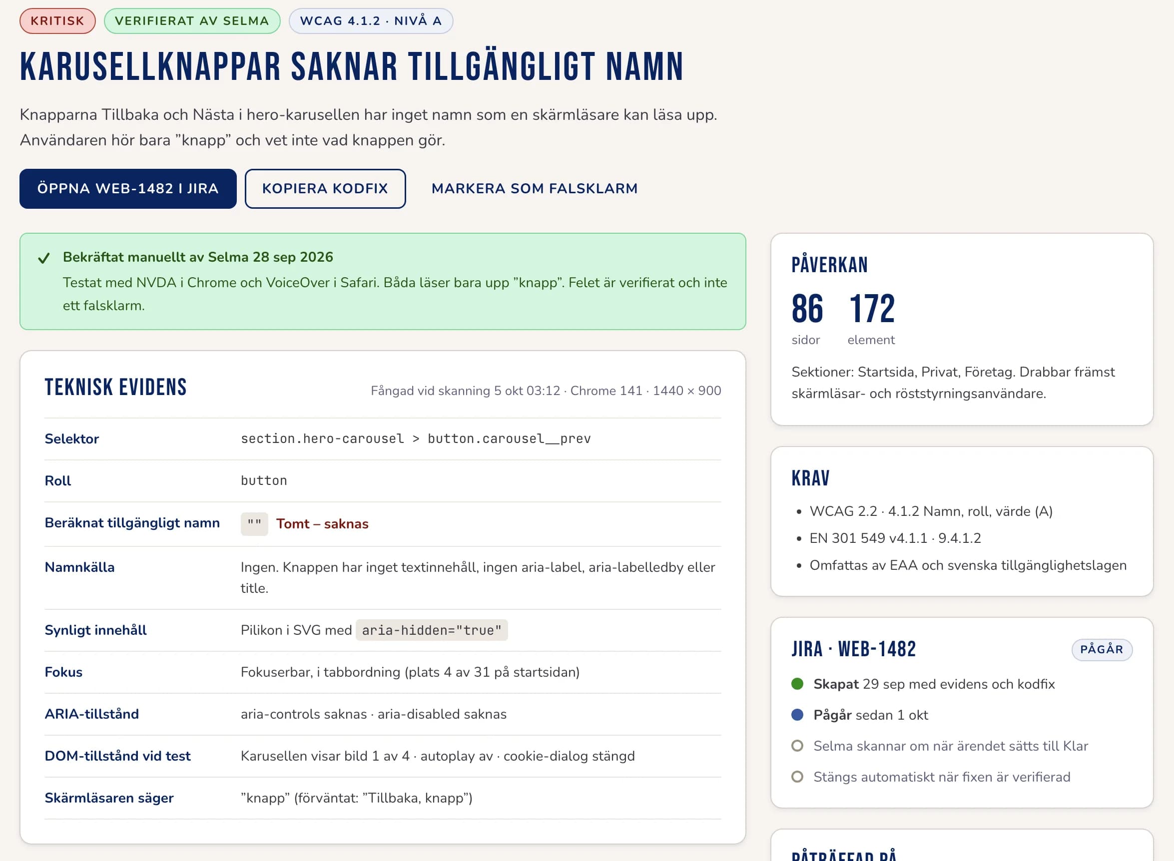 Ett kritiskt fel, karusellknappar som saknar tillgängligt namn, med teknisk evidens: selektor, roll, beräknat tillgängligt namn, namnkälla, fokus, ARIA-tillstånd och vad skärmläsaren säger.