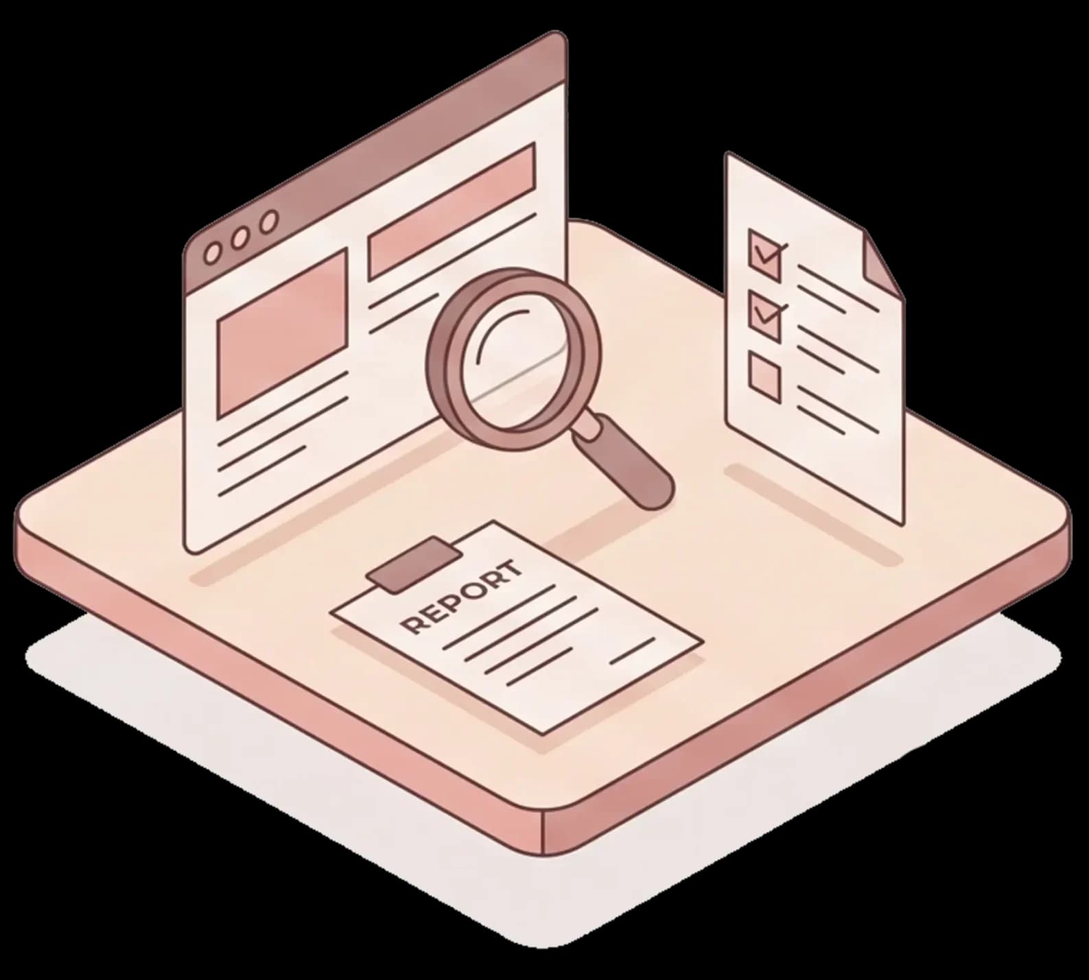 Illustration of a web page under a magnifying glass, a checklist and a report.