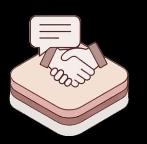 Icon of a handshake and a speech bubble on a beige platform.