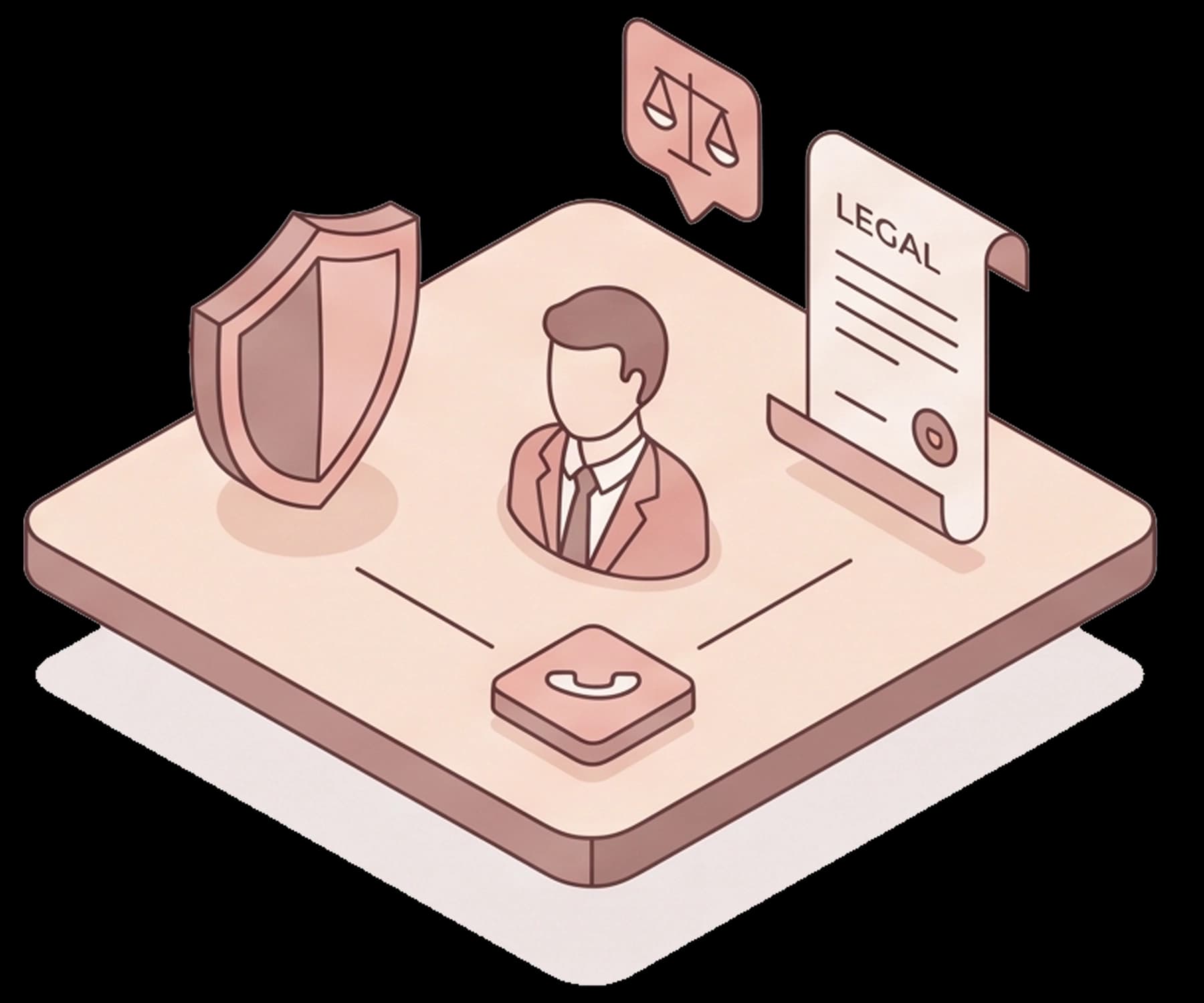 Illustration of a shield, an adviser, scales in a speech bubble, a legal document and a phone button on a pink platform.