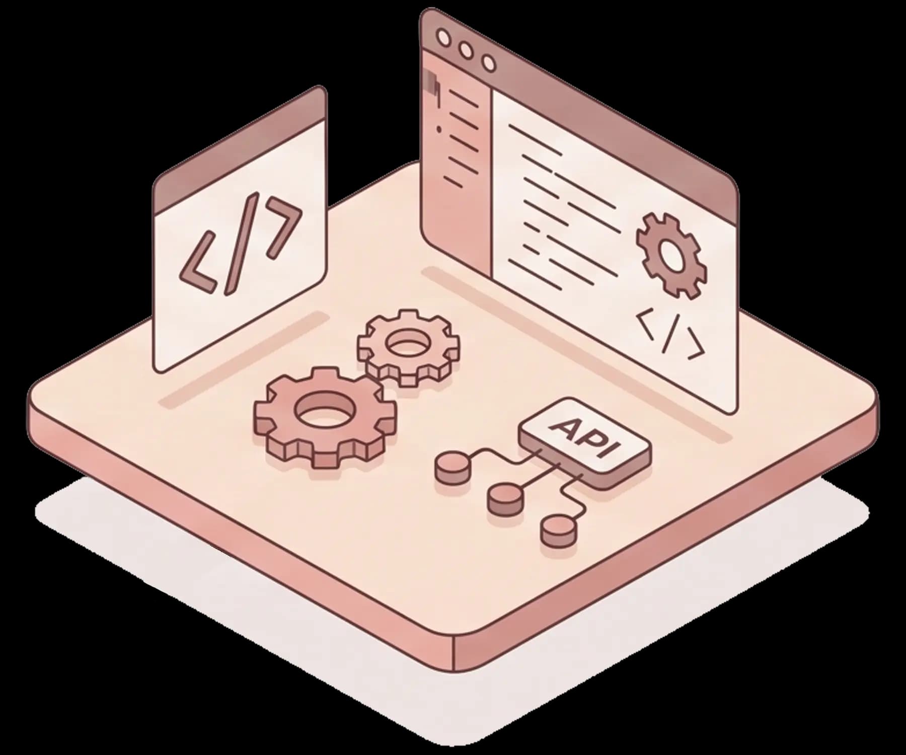 Illustration of two code windows, gears and an API box on a pink platform.