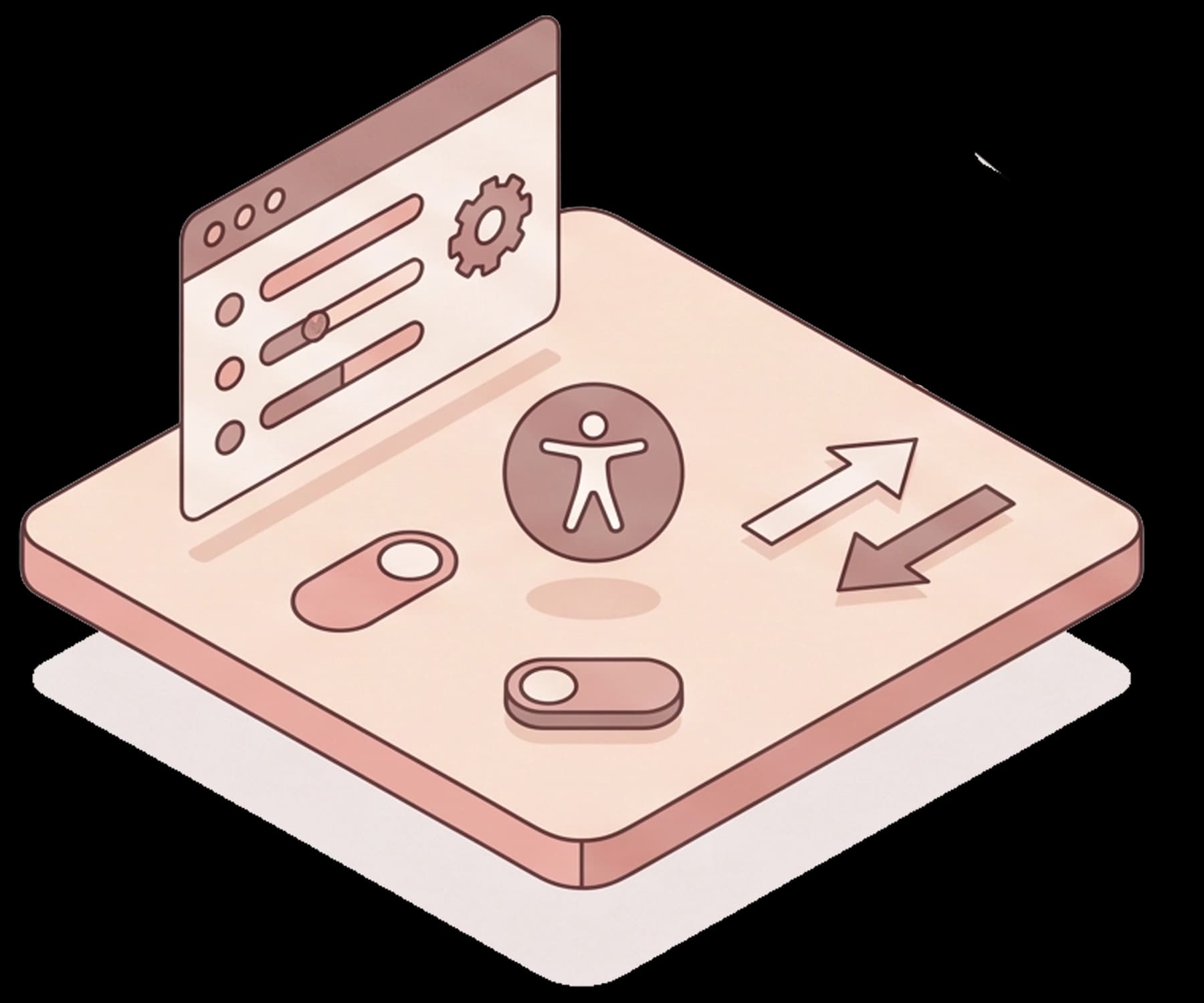 Illustration of a settings window with sliders, the accessibility symbol and two switches on a pink platform.